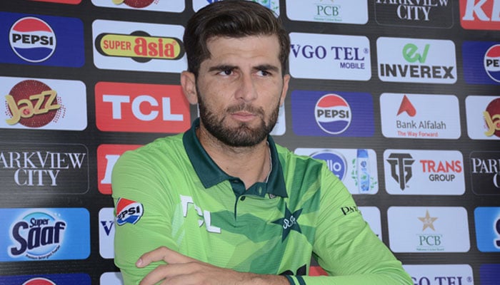 Pakistan ODI captain Shaheen Shah Afridi adresses pre-match confernce at Iqbal Stadium in Faisalabad on November 3, 2025. — Online
