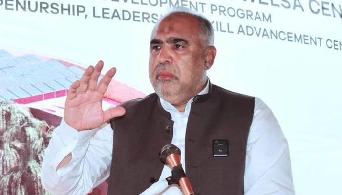 PTI leader Asad Qaiser addressing ground the breaking ceremony of Rasheeda Begum Sukch Sanjh Welfare Centre, Swabi, May 24, 2025. — INP