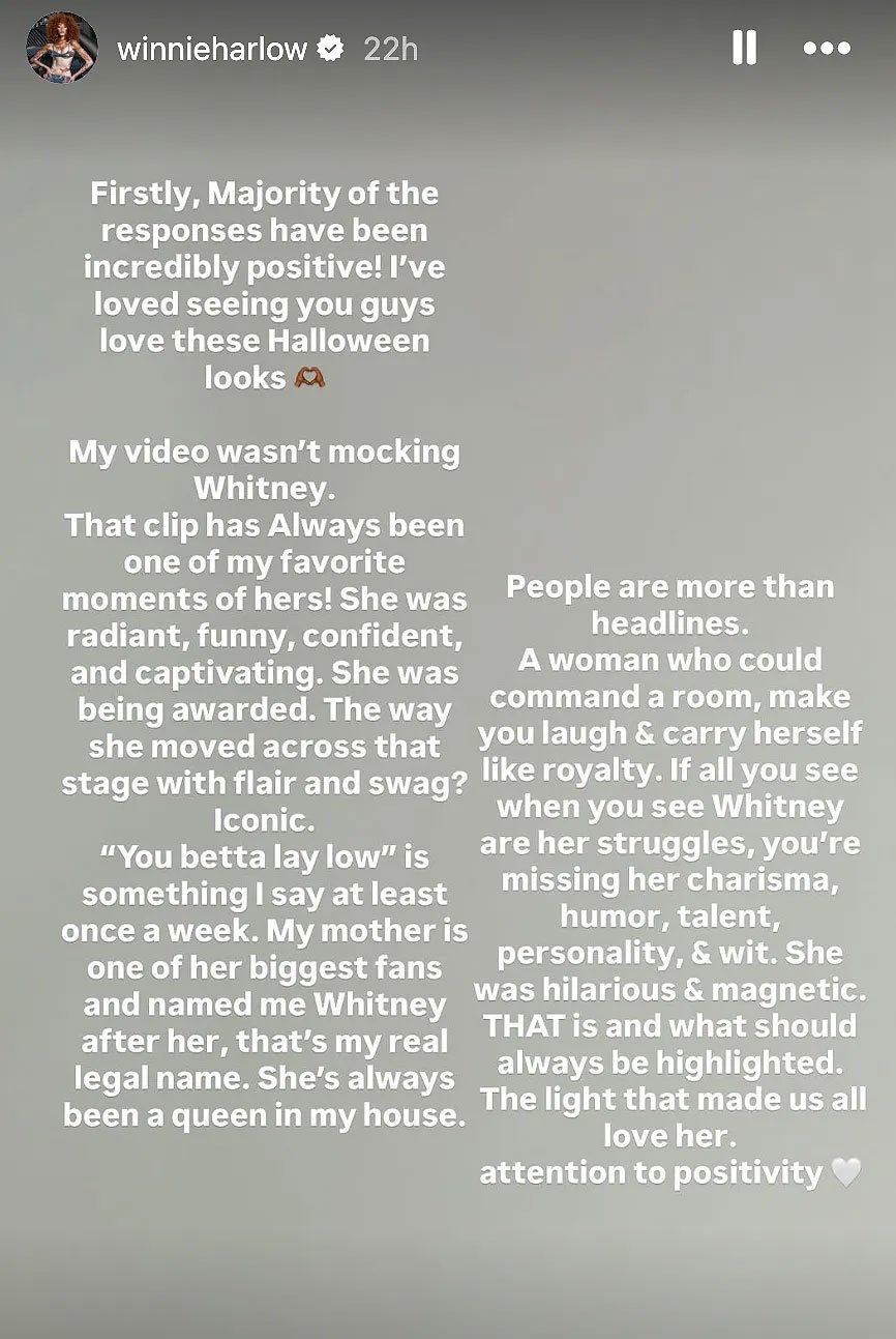 Winnie Harlow defends Whitney Houston-inspired Halloween costume