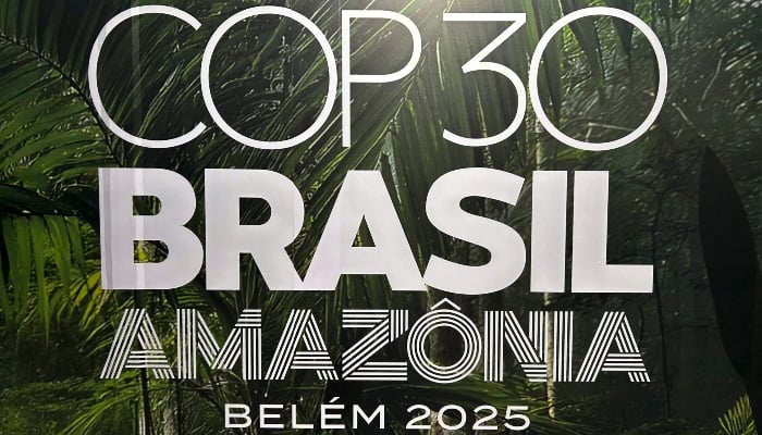 This view shows the COP30 logotype, at the Belems airport in Para state, Brazil on October 25, 2025. — AFP