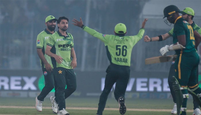Pakistan players celebrate a wicket against South Africa in the first one-day international at Faisalabad’s Iqbal Stadium on Tuesday on November 4, 2025. — PCB