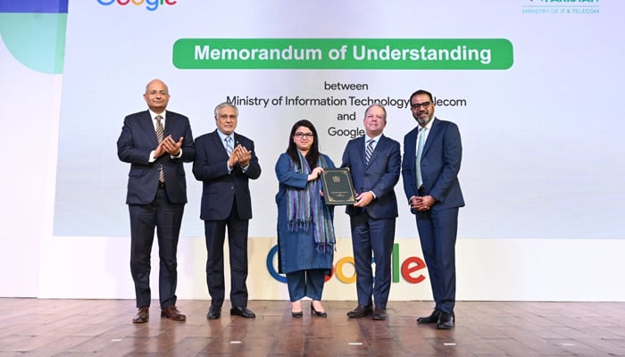 DPM Ishaq Dar (second left) and IT Minister Shaza Fatima Khawaja (centre) during the MoU signing ceremony in Islamabad, on November 4, 2025. — Google