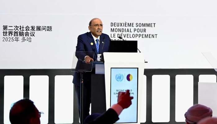President Asif Ali Zardari addresses Second World Summit for Social Development in Doha, Qatar, November 4, 2025. — PID