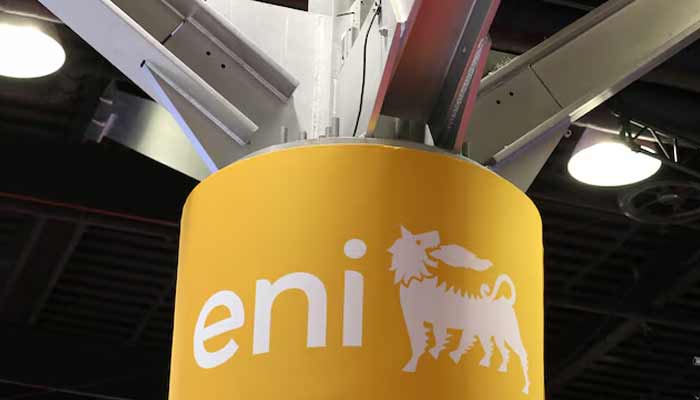 The logo of Italian multinational energy company Eni is displayed at their booth during the LNG 2023 energy trade show in Vancouver, British Columbia, Canada, July 12, 2023. — Reuters