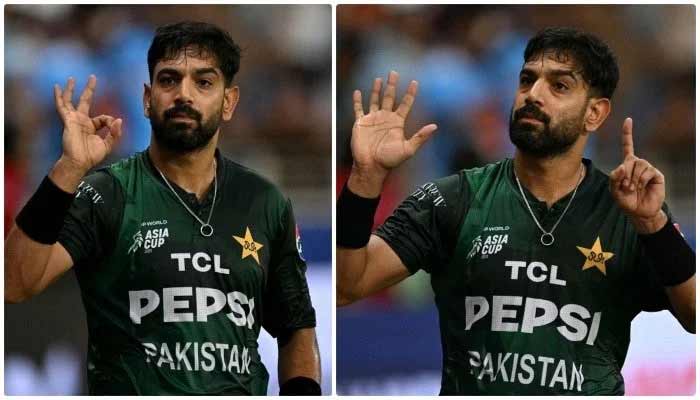 Pakistan fast bowler Haris Rauf flashes a “0-6” gesture at Indian fans during the Asia Cup clash on September 21, 2025. —AFP