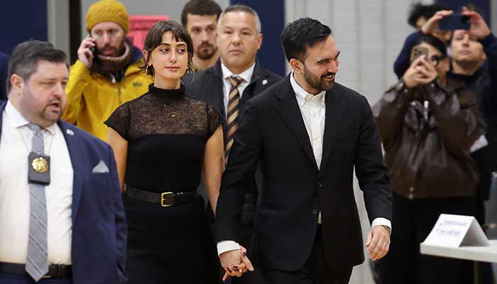 Democratic candidate for New York City mayor, Zohran Mamdani, and his wife, Rama Duwaji, walk at a polling site at the Frank Sinatra School of the Arts High School in Astoria, to vote in the New York City mayoral election, Queens borough of New York City, US, November 4, 2025. — Reuters