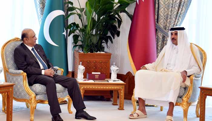 President Asif Zardari (left) meets Qatari Emir Sheikh Hamad bin Khalifa al-Thani in Doha on November 5, 2025. — APP
