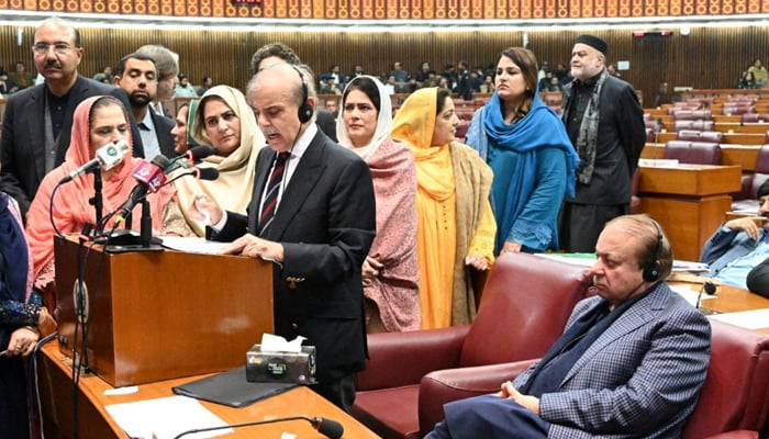Prime Minister Shehbaz Sharif in the National Assembly in Islamabad, on March 3, 2024. — X@NaofPakistan