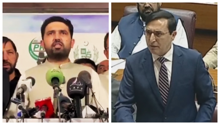 Khyber Pakhtunkhwa Chief Minister Sohail Afridi (left) and Pakistan Tehreek-e-Insaf Chairman Barrister Gohar Ali Khan. — Screengrab via X/YouTube/@PTIOfficial/Geo News