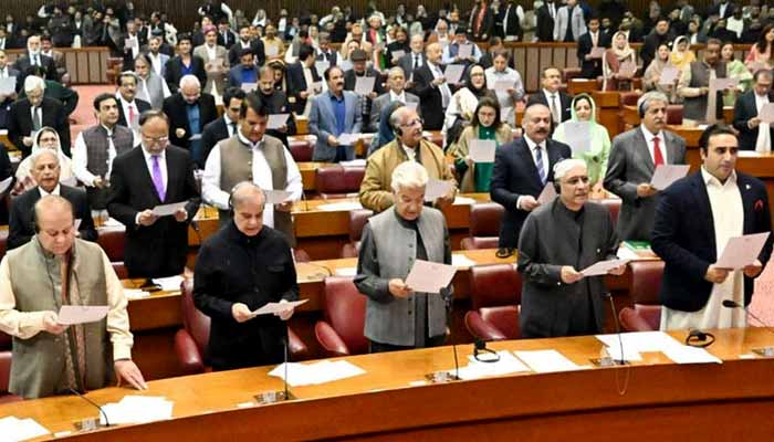 This undated image shows newly elected members taking the oath during the National Assembly session following the February 8 general elections. — Radio Pakistan