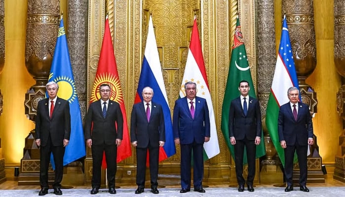 Presidents of Kazakhstan, Kyrgyzstan, Russia, Tajikistan, Turkmenistan and Uzbekistan pose at the Central Asia-Russia summit in Dushanbe. — AFP