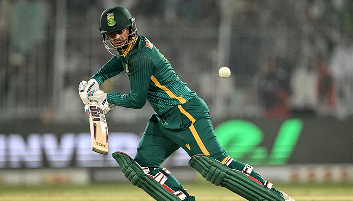 South Africas Quinton de Kock plays a shot during the second ODI match against Pakistan at Iqbal Stadium, Faisalabad, on November 6, 2025. — PCB