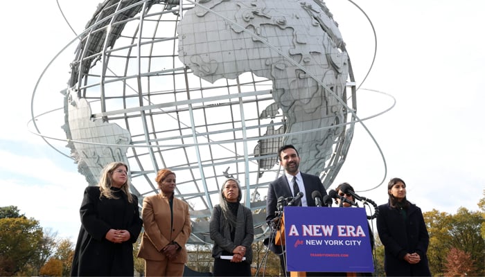 New York City mayor-elect Zohran Mamdani, alongside his mayoral transition team, speaks during a news conference at Flushing Meadowsâ€“Corona Park in the Queens borough of New York City on November 5, 2025. — AFP