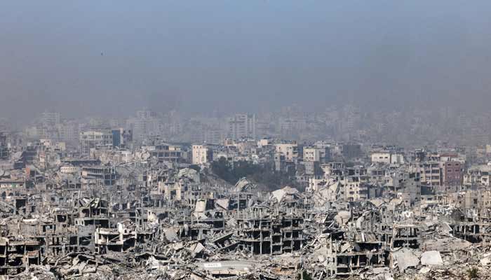 Destroyed buildings as seen from an Israeli military outpost within the borders of the yellow line in the Shujaiya neighborhood in the eastern part of Gaza City in the Gaza Strip November 5, 2025.