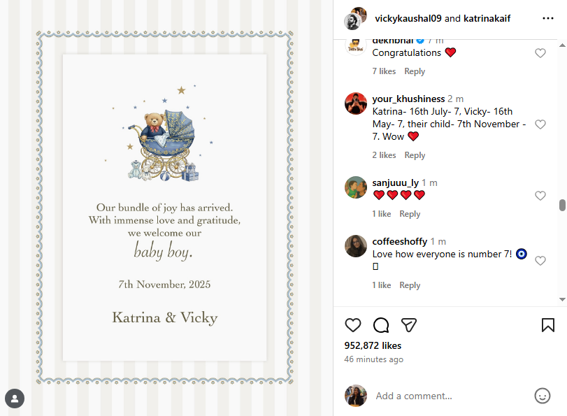 Katrina Kaif, Vicky Kaushal announce birth of baby boy