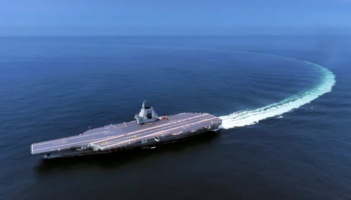 In this photo released by Xinhua News Agency, Chinas third aircraft carrier, the Fujian, conducts a maiden sea trial on May 7, 2024. — Xinhua