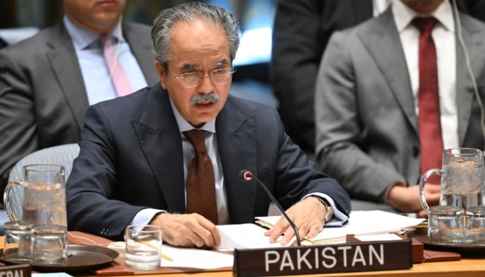Pakistani Ambassador to the United Nations Asim Iftikhar Ahmad speaks during a UN Security Council meeting at the UN headquarters in New York, June 20, 2025. — AFP