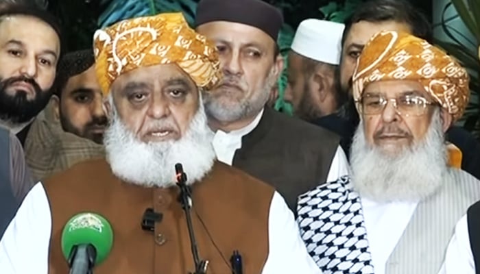 Jamiat Ulema-e-Islam-Fazl (JUI-F) chief Maulana Fazl-ur-Rehman chief speaks during a press conference in Islamabad, November 7, 2025. Screengrab via YouTube/Geo News