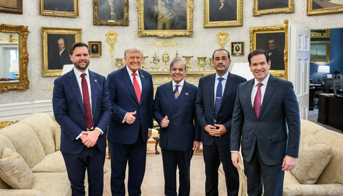 This photograph shows US Vice-President JD Vance (left), US President Donald Trump, Prime Minister Shehbaz Sharif, COAS Field Marshal Asim Munir and US Secretary of State Marco Rubio following a meeting at the White House in Washington DC, US. — Website/The White House