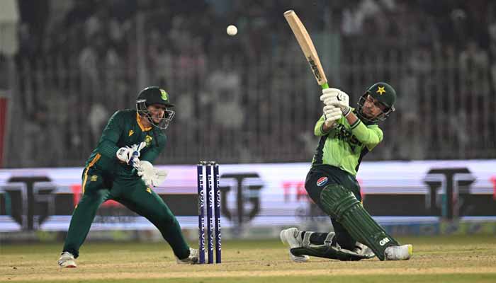 Pakistans Saim Ayub plays a shot during the third and final one-day international (ODI) cricket match between Pakistan and South Africa at the Iqbal Stadium in Faisalabad on November 8, 2025. — AFP