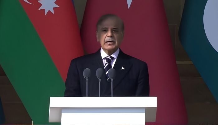 Prime Minister Shehbaz Sharif addresses Azerbaijans Victory Day parade in Baku on November 8, 2025. — Screengrab Geo News