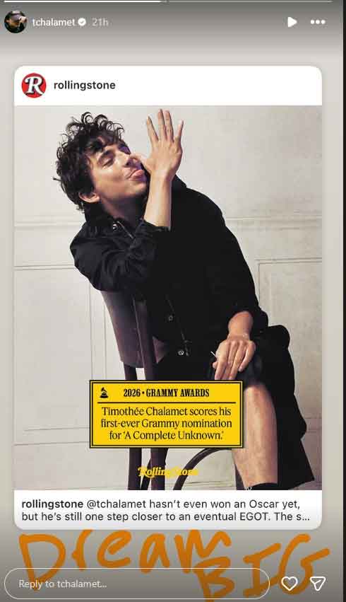 Timothée Chalamet reacts to Grammy nomination