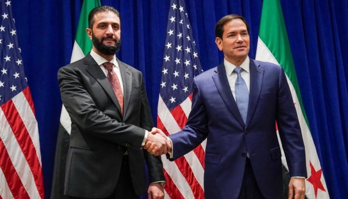 Syrian President Ahmed al-Sharaa meets top US diplomat Marco Rubio (right) on the sidelines of the United Nations General Assembly meeting in New York on September 22, 2025. — AFP