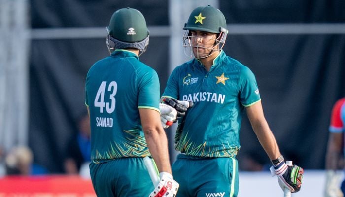 Pakistan captain Abbas Afridi and batter Abdul Samad during the Hong Kong Sixes final, in Hong Kong, November 9, 2025. — X/@TheRealPCBMedia