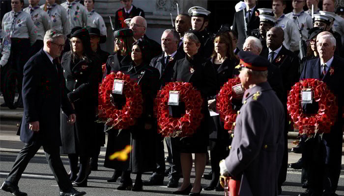 King Charles looks on during the Remembrance Sunday ceremony at the Cenotaph on Whitehall in central London on November 9, 2025. HENRY NICHOLLS/Pool via REUTERS