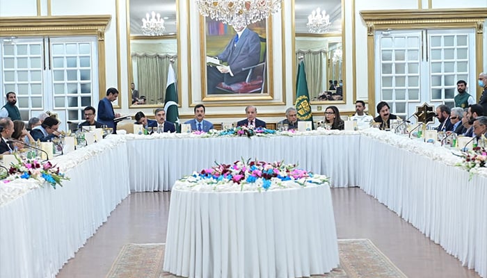 PM Shehbaz Sharif addresses dinner of senators from government and coalition parties in Islamabad on November 9, 2025. — Facebook/@PTVNewsOfficial