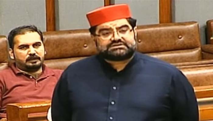 ANP Senator Aimal Wali Khan speaks during the Senate session in Islamabad, on November 10, 2025. — PTV Parliament