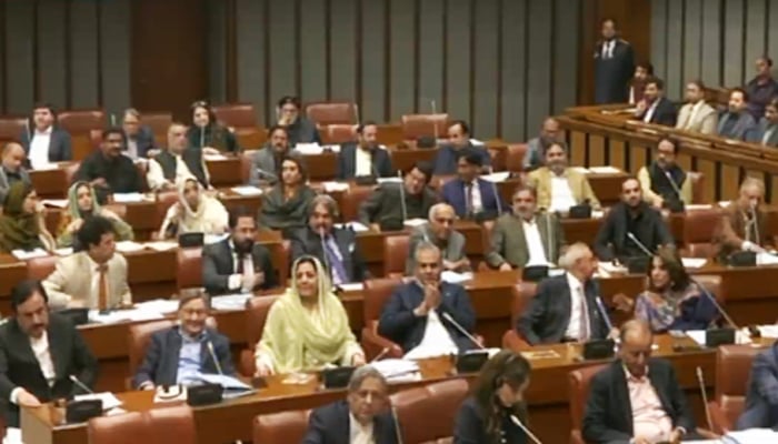 Treasury members of the Senate are sitting in their seats during the session in Islamabad, on November 10, 2025. — Geo News