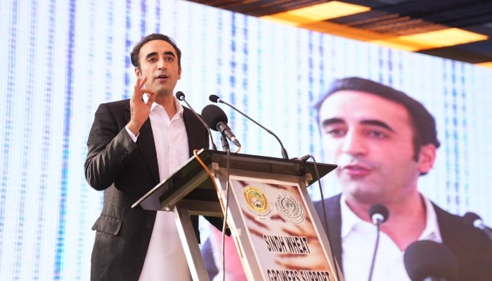 PPP Chairman Bilawal Bhutto-Zardari speaks during an event in Larkana, November 10, 2025. — X/@MediaCellPPP