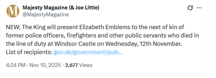 King Charles to present Elizabeth Emblems at Windsor Castle