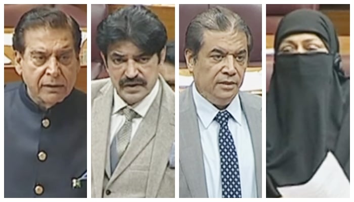 (Left to right) PPP leader Raja Pervaiz Ashraf, MNA Sher Afzal Marwat, Federal Minister for Railways Hanif Abbasi, and JUI-F lawmaker Aliya Kamran speak during a National Assembly session, Islamabad, November 10, 2025. — Screengrab via YouTube/PTV Parliament