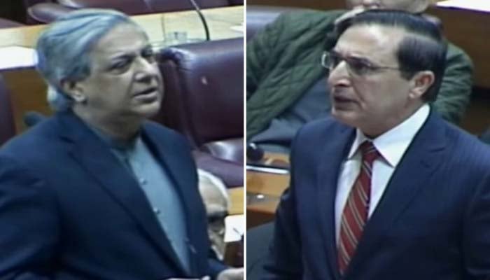 Law Minister Azam Nazeer Tarar (left) and Pakistan Tehreek-e-Insaf Chairman Barrister Gohar Ali Khan. — Screengrab via YouTube/Geo News