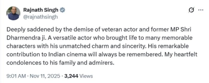 Indian Defence Minister Rajnath Singh post on actor Dharmendras rumoured death which was denied by his family. — X/@rajnathsingh