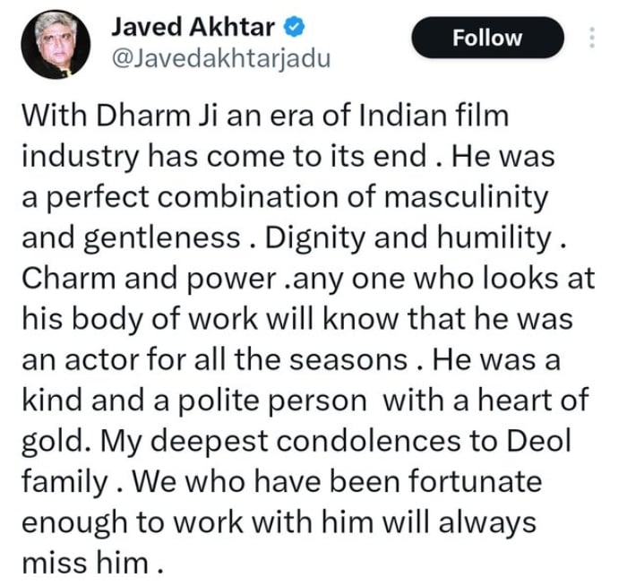 Javed Akhters condolence message on Dharmendras death, which is denied by his family. — X/@Javedakhtarjadu