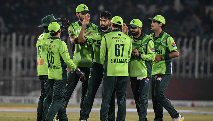 Pakistans Haris Rauf (C) celebrates with teammates after taking the wicket of Sri Lankas Pathum Nissanka during the first one-day international (ODI) cricket match between Pakistan and Sri Lanka at the Rawalpindi Cricket Stadium on November 11, 2025. — AFP
