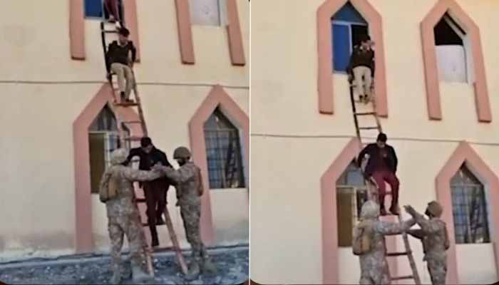 This collage shows security personnel evacuating students from Cadet College Wana, South Waziristan district, Khyber Pakhtunkhwa, which came under terrorist attack. — Reporter