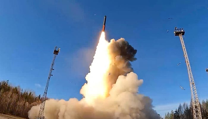 A Yars intercontinental ballistic missile launches from the Plesetsk Cosmodrome during a military exercise of Russias nuclear forces on land, sea and air held to rehearse their readiness and command structure, in the Arkhangelsk region, Russia, in this still image taken from video released October 22, 2025. — Reuters