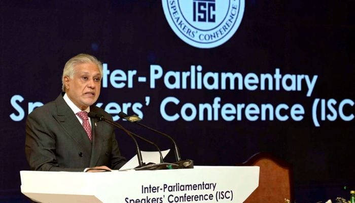 DPM Ishaq Dar addresses Inter-Parliamentary Speakers’ Conference in Islamabad on November 12, 2025. — APP