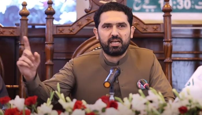 KP CM Sohail Afridi addresses Aman Jirga in Peshawar on November 12, 2025. — facebook/KPChiefMinister