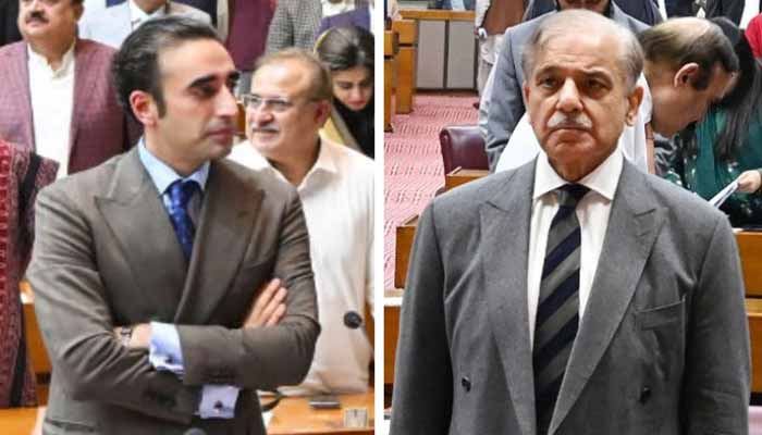 PPP Chairman Bilawal Bhutto-Zardari (left) and Prime Minister Shehbaz Sharif during a National Assembly session in Islamabad, on November 12, 2025. — X@NaofPakistan