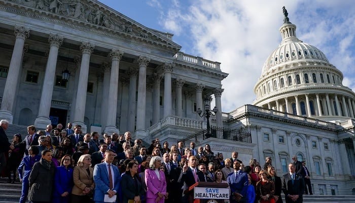 US House Minority Leader Hakeem Jeffries (D-NY) speaks during an event with fellow House Democratic members on the steps of the US Capitol, as members of the US House of Representatives returned to Washington after a 53-day break, for a vote that could bring the longest U.S. government shutdown in history to a close, on Capitol Hill in Washington, DC, US, November 12, 2025. — Reuters