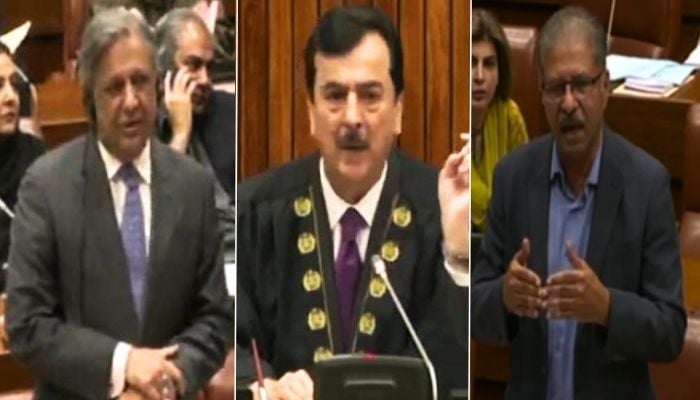 A collage of Federal Minister for Law Azam Nazeer Tarar, Senate Chairman Yousuf Raza Gillani and PTI Senator Ali Zafar. — Geo News