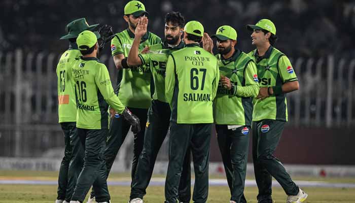 Pakistan players celebrate after taking a wicket against Sri Lanka during the first ODI in Rawalpindi on November 11, 2025. — X/TheRealPCB