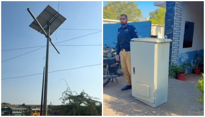 This collage shows the pole from which Safe City camera systems distribution box was stolen (left), and the recovered device (right) presented by police.