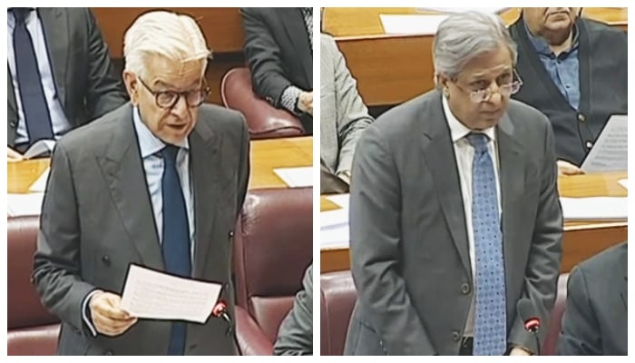 Defence Minister Khawaja Asif (left) and Law Minister Azam Nazeer Tarar speaking on the floor of the National Assembly, on November 13, 2025. — Geo News