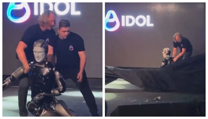 Russia’s first domestically developed artificial intelligence-powered robot falls during its debut show in Moscow, Russia. — X/@saintjavelin